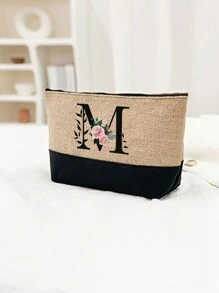 1件卡其色花卉字母图案女士手提包兼化妆包，送给优秀教师的礼物，可重复使用的托特包，女士简约大容量旅行化妆包，多功能便携式女士礼品