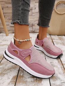 2024 Spring Autumn Hollow & Breathable Patchwork Knit Casual Comfortable Slip-On Sneakers, Versatile For Everyday Outing - Pink - View 2