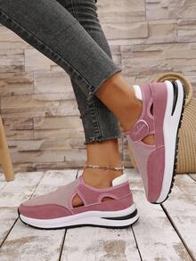 2024 Spring Autumn Hollow & Breathable Patchwork Knit Casual Comfortable Slip-On Sneakers, Versatile For Everyday Outing - Pink - View 4