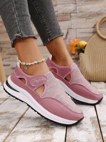 2024 Spring Autumn Hollow & Breathable Patchwork Knit Casual Comfortable Slip-On Sneakers, Versatile For Everyday Outing - Pink - View 5