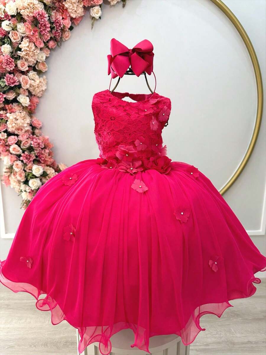 Pink Fuchsia Flower Girl Dress Graduation Wedding Bridesmaid Flower Girl Kids Party Lace Formal Dress - 玫紅色 - 查看 1