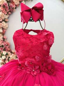Pink Fuchsia Flower Girl Dress Graduation Wedding Bridesmaid Flower Girl Kids Party Lace Formal Dress - 玫紅色 - 查看 2