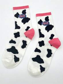 1 par de calcetines de media caña con estampado de vaca y letras de moda para mujer, otoño - Multicolor - Ver 11