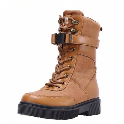 Women's Combat Boots Low Heel Booties Elastic Lug Sole Non-Slip Shoes Lace Up Military Ankle Booties