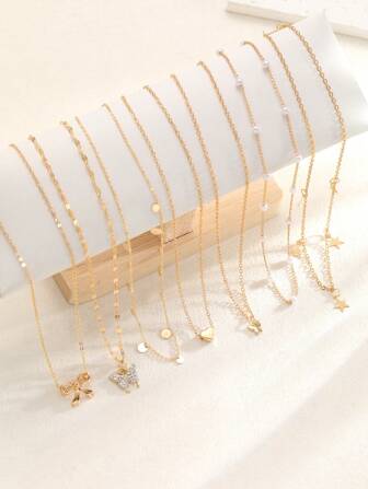 10pcs Fashionable, Minimalist, Elegant, Delicate, Retro Design Layered Necklace Set Featuring Bow, Heart, Star, Geometric, Beaded, Hollow, Tassel, Snake Chain, Box Chain, Simplistic Pendant Necklaces, Suitable For Holiday, Party, Date, Gift, Daily Wear