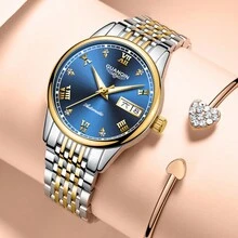 1 件 GUANQIN 防水夜光手表，带双日历水钻表盘耐磨不锈钢表带时尚商务奢华经典休闲自动上链女士自动机械表适合节日、约会、商务、礼物 - 彩色 - 查看 5