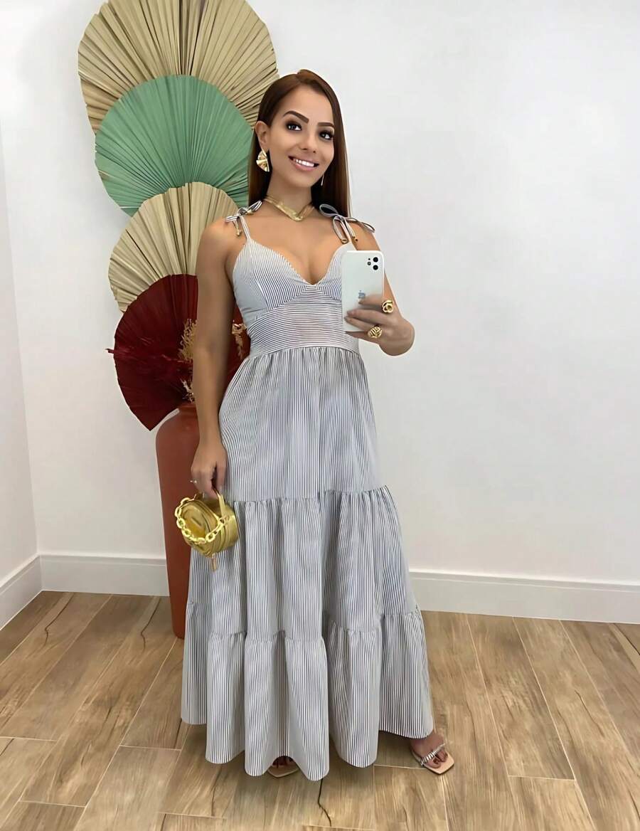 Women's Long Dress Três Marias Striped With Straps Spring And Summer - 藍色 - 查看 1