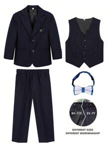 4 件套男童西装套装：夹克 + 背心 + 裤子 + 蝴蝶结，男童正装适合生日派对、舞台表演、节日庆典、秋冬 - 藏蓝色 - 查看 8
