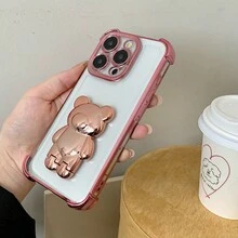 1 件电镀透明 + 全息熊可伸缩手机支架，带 4 角超钢防震手机壳，兼容 iPhone 和 Galaxy - 粉色 - 查看 1