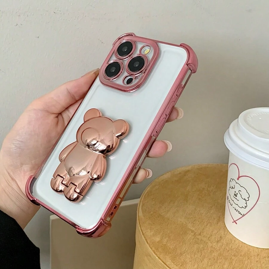 1 件电镀透明 + 全息熊可伸缩手机支架，带 4 角超钢防震手机壳，兼容 iPhone 和 Galaxy - 粉色 - 查看 1