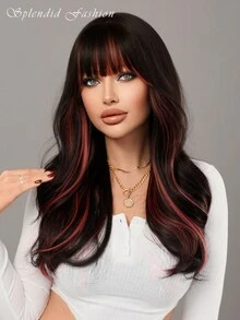 Tóc giả xoăn màu hồng dài ngang vai có mái, tóc giả xoăn gợn sóng cho bé gái, tóc giả tổng hợp mờ tự nhiên dùng để cosplay hàng ngày, dài 22 inch - Màu hồng nổi bật - Xem 1