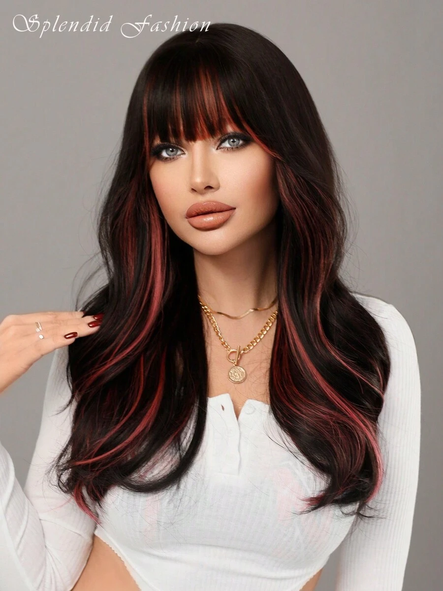 Tóc giả xoăn màu hồng dài ngang vai có mái, tóc giả xoăn gợn sóng cho bé gái, tóc giả tổng hợp mờ tự nhiên dùng để cosplay hàng ngày, dài 22 inch - Màu hồng nổi bật - Xem 1