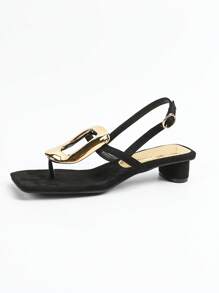 Sandali infradito con tacco alto a blocco in stile romano, con decorazione del cerchio dorato sul cinturino e sulla caviglia, minimalista e alla moda, scarpe estive da esterno per donna