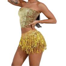 Women's Belly Dance Hip Scarf Skirt Sparkly Tassel Disco Outfits Sequin Wrap Rave Costumes Fringe Skirt - Multicolor - View 19
