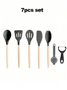 Zestaw 5 szt./zestaw, zestaw silikonowych przyborów kuchennych, zestaw przyborów kuchennych, zestaw przyborów kuchennych, zestaw przyborów kuchennych z powłoką nieprzywierającą i drewnianą rączką, zmywalne, nowoczesne naczynia kuchenne, akcesoria kuchenne, gadżety kuchenne, niezbędne artykuły kuchenne (ciemnoszary)