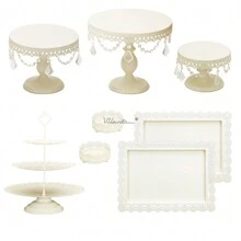8pcs VILAVITA Dessert Table Display Set: Romantic Cream White Round Cake Stand & Cupcake Tower For Birthday Parties, Weddings & Baby Showers, Party, Christmas Decor & Thanksgiving Decor - kem trắng - Xem 1