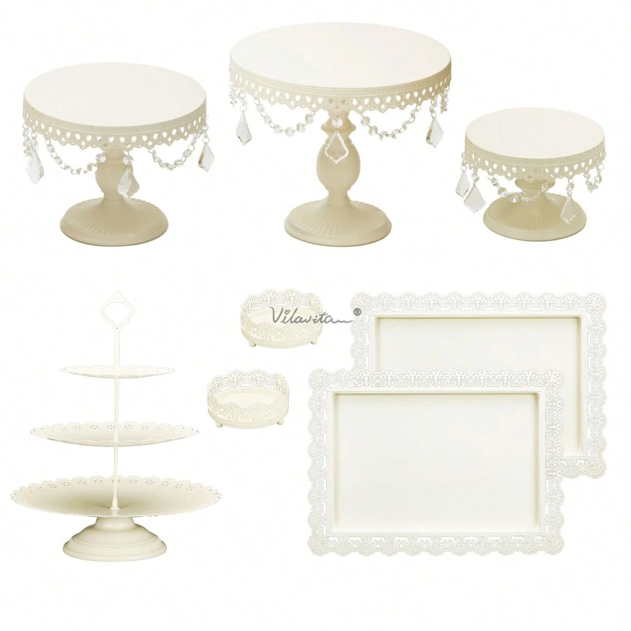 8pcs VILAVITA Dessert Table Display Set: Romantic Cream White Round Cake Stand & Cupcake Tower For Birthday Parties, Weddings & Baby Showers, Party, Christmas Decor & Thanksgiving Decor - kem trắng - Xem 1