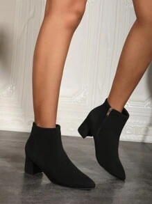 Women's Fashion Elegant High Heel Boots - Casual Comfortable Style, Korean Fashion, Retro Design, Daily Commute, Versatile Casual, Simple Patchwork, Side Zipper, Imitation Knit, Stylish Boots, Chunky Heel Short Boots, High Heel Boots, Suitable For All Seasons