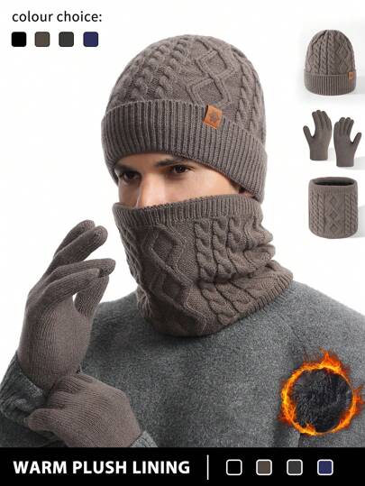 1-3pcs/Set Men's Winter Knitted Beanie Cap, Scarf, Touch Screen Gloves Set, Warm Lining, Argyle & Snowflake Jacquard Pattern, Suitable For Skiing, Travel, Cycling, Driving, Gift For Men, Daily Use Winter Accessories Winter Outfits