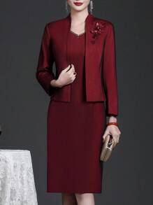 2pcs Burgundy Elegant Outfit, Long Sleeve Embroidered Blouse And Sleeveless Knee-Length Dress, Women's Graceful Attire Suitable For Christmas Eve, Thanksgiving, Christmas, Chinese New Year, New Year's Eve, Daily, Casual, Holiday, Event, Festival, Wedding, Engagement, Formal, Birthday, Celebration, Gift, Party, Social Occasions