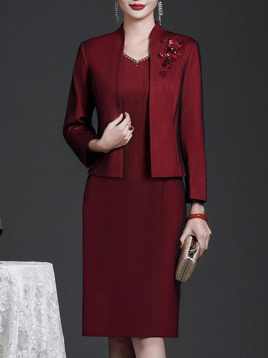 2pcs Burgundy Elegant Outfit, Long Sleeve Embroidered Blouse And Sleeveless Knee-Length Dress, Women's Graceful Attire Suitable For Christmas Eve, Thanksgiving, Christmas, Chinese New Year, New Year's Eve, Daily, Casual, Holiday, Event, Festival, Wedding, Engagement, Formal, Birthday, Celebration, Gift, Party, Social Occasions