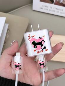 1 Ốp bảo vệ bộ sạc chống rơi bằng TPU trong suốt & 2 miếng bảo vệ cáp dữ liệu có họa tiết mèo đen và trái tim, tương thích với bộ sạc Apple 20W - Nhiều màu - Xem 1
