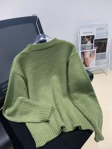Women's Simple Solid Color Crew Neck Casual Long Sleeve Knit Sweater - Green - View 5