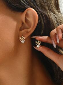 2 件锆石耳环，蝴蝶结装饰耳环礼盒，优雅耳环，适合日常佩戴、派对、约会、婚礼、新娘礼物、情侣礼物、送给妈妈的礼物、圣诞礼盒、情人节生日礼物 - 金色 - 查看 5