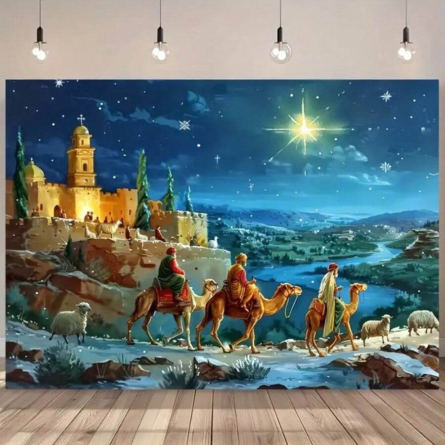 Tela de fondo de Feliz Navidad - Escena de nacimiento y ovejas de dibujos animados, poliéster, adecuada para sala de estar, decoración al aire libre, transmisión en vivo, photobooth - No se requiere energía