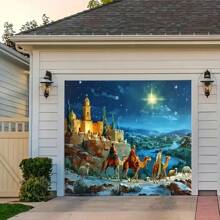 Tela de fondo de Feliz Navidad - Escena de nacimiento y ovejas de dibujos animados, poliéster, adecuada para sala de estar, decoración al aire libre, transmisión en vivo, photobooth - No se requiere energía