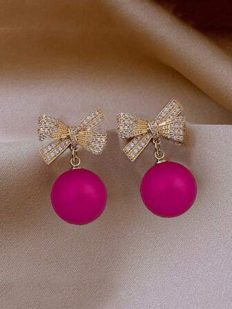 1 对时尚金属蝴蝶结珍珠吊坠耳环，粉色适合女性、圣诞节、新年派对情人节、妈妈、母亲、母亲节、礼物