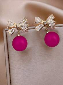 1 Pair Fashion Metal Bow Pearl Dangle Earrings, Pink Suitable For Women, Christmas, New Year Party Valentines,Mom,Mother,Mother's Day,Gift - Hot Pink - View 3