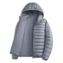 1 件男士纯色连帽加厚棉服，轻便休闲日常户外徒步旅行运动上衣，秋冬