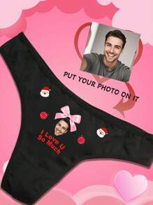 1pc Christmas Customized Boyfriend/Husband Portrait & Christmas Candy Cane English Letter Print Women Sexy Funny Thong Panties, Holiday Gift, Elastic Cheeky Low Rise Briefs - Black - View 6