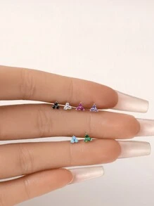 2 chiếc bông tai đinh tán hình cỏ ba lá nhỏ bằng bạc Sterling 925, bông tai đinh tán hình tam giác ba viên CZ màu vàng không gây dị ứng, dành cho phụ nữ đeo hàng ngày - Bạc - Xem 3