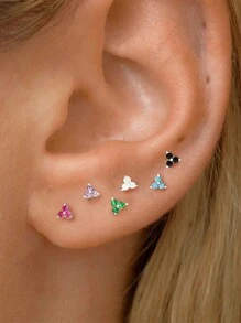 2 chiếc bông tai đinh tán hình cỏ ba lá nhỏ bằng bạc Sterling 925, bông tai đinh tán hình tam giác ba viên CZ màu vàng không gây dị ứng, dành cho phụ nữ đeo hàng ngày - Bạc - Xem 6