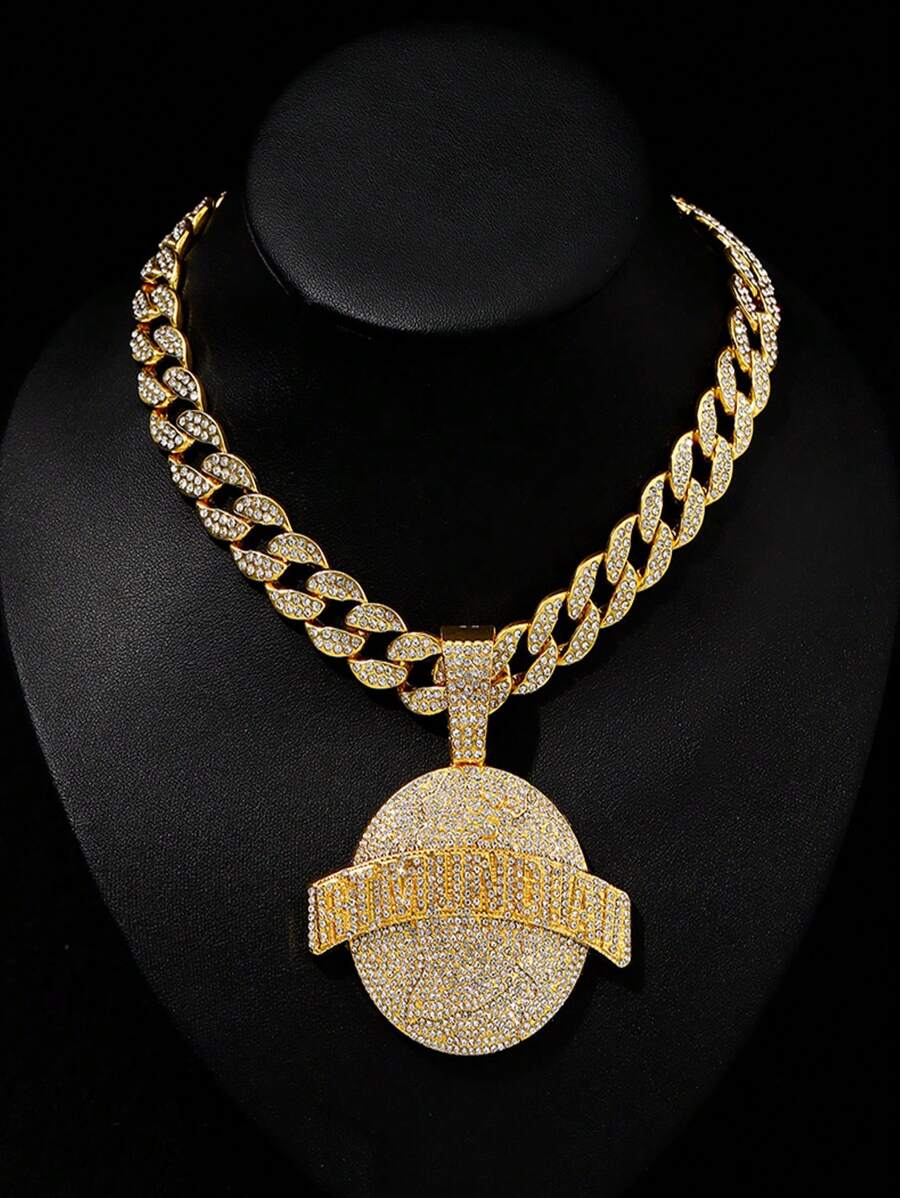 1pc Hip-Hop Style Alloy Circle Pendant Necklace With Letter & Rhinestone Detail, Unique Personalized Link Jewelry Accessory For Nightclub Party