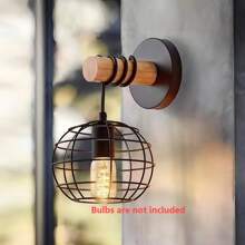 1pc Industrial Iron Wall Light, Cage Style Wall Lamp For Corridor, Pathway, Bedside, Minimalist Design, Wood Finish (Bulb Not Included) - Wrought Iron Wall Lamp Does Not Include Bulbs - View 4