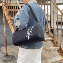 休闲拼色圆筒运动单肩包，休闲字母印花圆筒运动健身包，便携拉链轻便手提包男女通用日常使用，大容量行李包，训练包运动包运动包露营运动包抽绳背包篮球包抽绳背包足球啦啦队包运动背包大学生健身旅行锻炼瑜伽户外郊游骑行徒步防水轻便大容量便携配件女士男士儿童圣诞礼物 - 黑色 - 查看 4