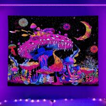1pc Glow-In-The-Dark Colorful Mushroom Tapestry, Nature Plant Forest Space Moon Star Flower Pattern Mysterious Night Sky Wall Hanging Decor, Bedroom/Living Room (Glow Effect Under UV Light In Dark Environment) Gifts Birthday Graduation