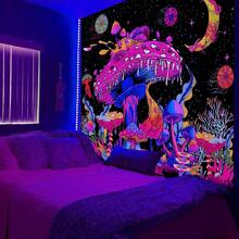 1pc Glow-In-The-Dark Colorful Mushroom Tapestry, Nature Plant Forest Space Moon Star Flower Pattern Mysterious Night Sky Wall Hanging Decor, Bedroom/Living Room (Glow Effect Under UV Light In Dark Environment) Gifts Birthday Graduation