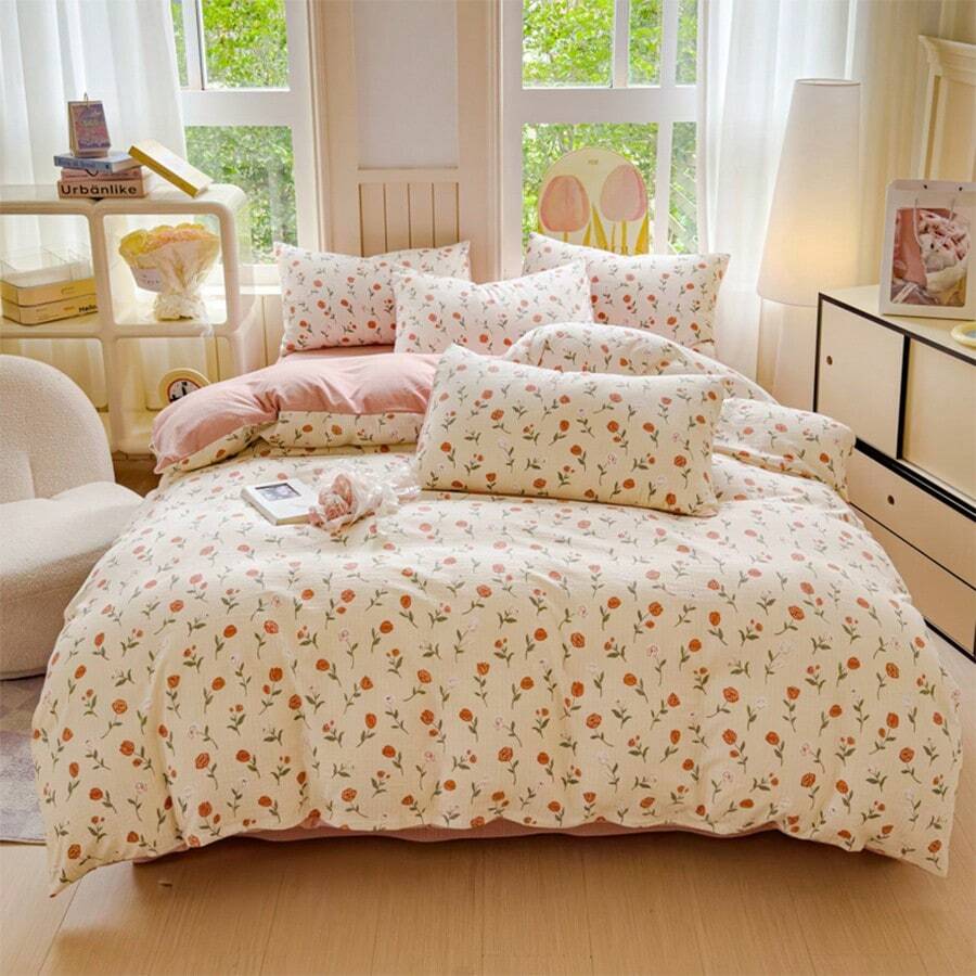 Bộ chăn ga gối 4 món bằng vải sa tanh 2024, dệt jacquard - Màu Hồng baby - Xem 1
