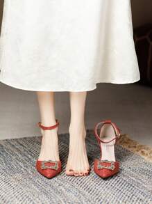 New Women High Heel Pumps Pointed Toe Thick Heel Hollow-Out Strap Rhinestone Decor Closed Toe, Spring/Summer/Autumn - Red - View 4