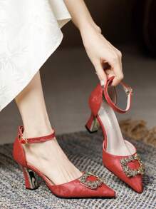 New Women High Heel Pumps Pointed Toe Thick Heel Hollow-Out Strap Rhinestone Decor Closed Toe, Spring/Summer/Autumn - Red - View 1