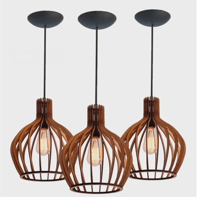 Kit 3 Pendente Luminaria De Teto Balcão De Cozinha Americana Modelo Rústico Cor Marrom - 3PPM