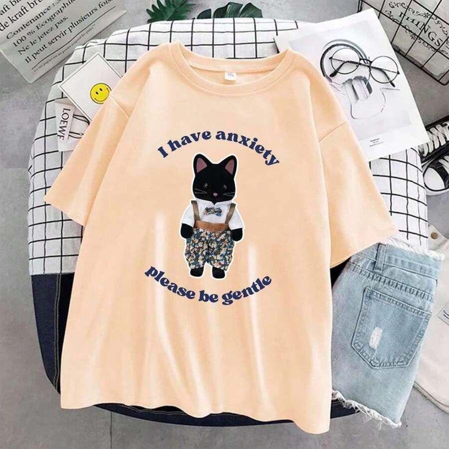 Unisex T-Shirt With Cute Kawaii Print - 奶油色 - 查看 1