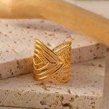 COINBUFF 1pc Fashionable Exaggerated Circle Dot & Line Stainless Steel Gold-Plated Adjustable Ring Suitable For Women's Daily Wear - As Shown - View 12