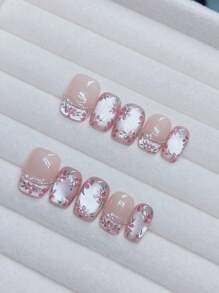 10片粉色手绘3D花卉和人造珍珠链法式亮面人造珍珠猫眼花卉可佩戴短梯形可拆卸全覆盖假指甲，适合美甲DIY爱好者、女性和女孩，按压式指甲，美甲用品。 - 粉色 - 查看 2
