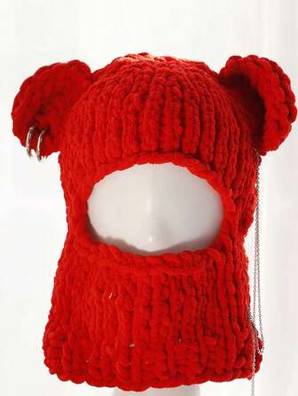 1 件男女通用纯色可爱熊耳环链保暖内衬厚拉法帽面罩帽子适合情侣街头、万圣节、返校、节日派对使用冬季秋季