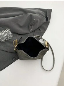 1pc Denim Effect Boxy Shoulder Bag With Adjustable Strap, PU Material Zipper Closure Fashionable Handbag For Women, Suitable For Daily Use, Dating, Shopping And Work - Dark Grey - View 5